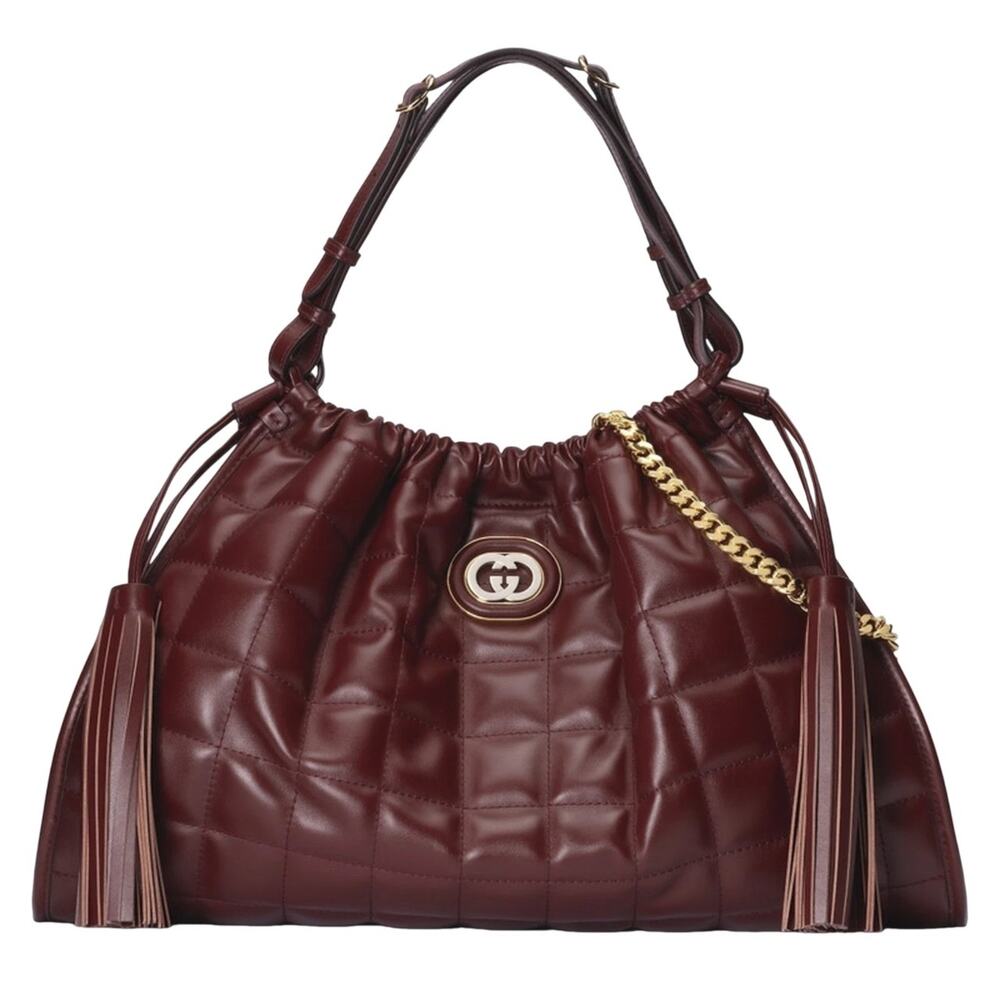 Gucci Deco Medium Dark Red Quilted Leather Tote Hobo Bag Chain Tassel
